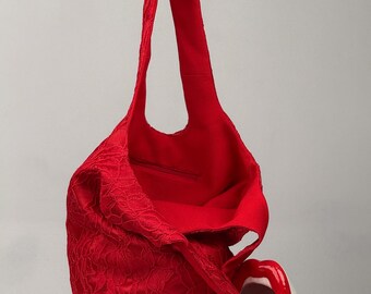 Handmade Slouchy Guipure Lace Tote Bag, Unique Bright Red Shoulder Bag, Upcycled, Inner Pocket