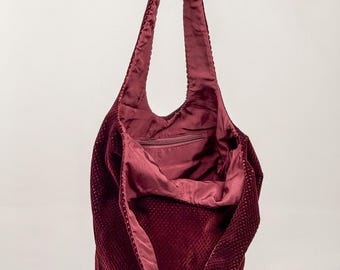 Handmade Slouchy Velour Tote Bag, Unique Burgundy Shoulder Bag, Upholstery, Inner Pocket