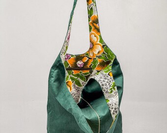 Handmade Slouchy Velvet Tote Bag, Upcycled Emerald Green Shoulder Bag, Floral Cotton Lining