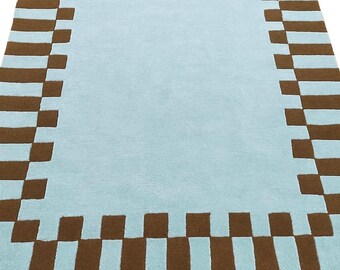 Lichtblauwbruin geometrisch handgetuft wollen vloerkleed | Modern minimalistisch vloerkleed