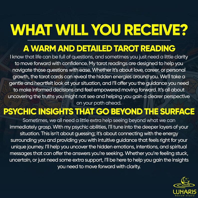 May include: A promotional graphic with the text "WHAT WILL YOU RECEIVE?" and details about tarot readings and psychic insights. The text is in yellow and white on a dark blue background. The image includes the logo for "LUNARIS MEDIUM STUDIO".