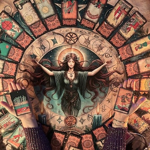 May include: An artistic depiction of a tarot card reading. A central figure with outstretched arms is surrounded by tarot cards, candles, and a celestial background. The cards in the foreground show detailed illustrations, with a focus on the imagery and symbolism of the tarot.