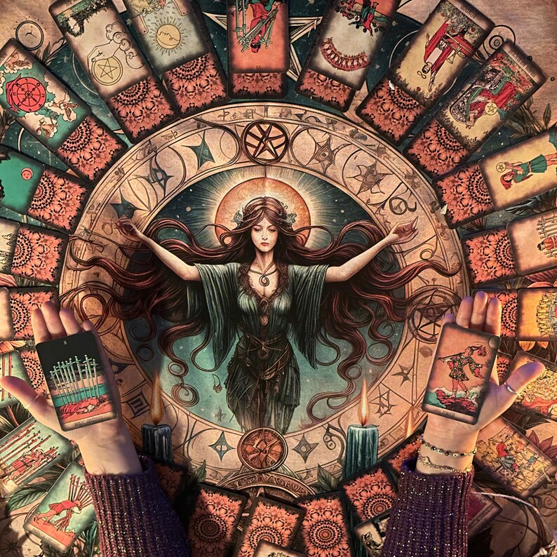 May include: An artistic depiction of a tarot card reading. A central figure with outstretched arms is surrounded by tarot cards, candles, and a celestial background. The cards in the foreground show detailed illustrations, with a focus on the imagery and symbolism of the tarot.