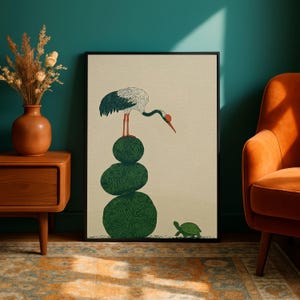 Japanese Woodblock Print Style Crane and Turtle Wall Art | Minimalist Zen Decor image 8