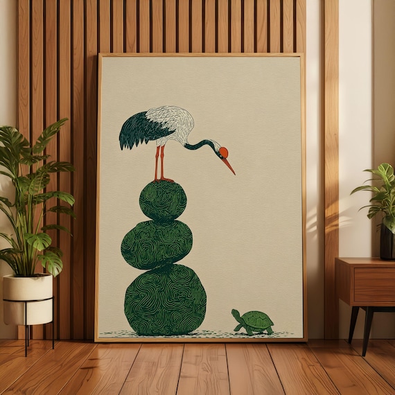 Japanese Woodblock Print Style Crane and Turtle Wall Art | Minimalist Zen Decor