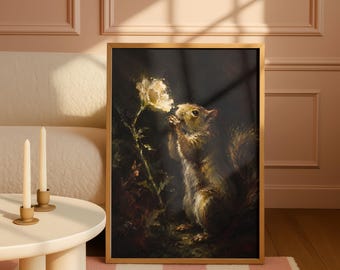 Vintage Squirrel Oil Painting, Moody Floral Chiaroscuro Art Print (Digital Download)