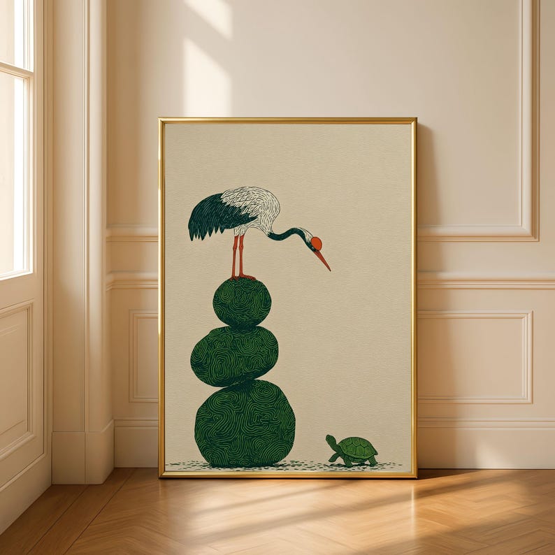 Japanese Woodblock Print Style Crane and Turtle Wall Art | Minimalist Zen Decor image 7