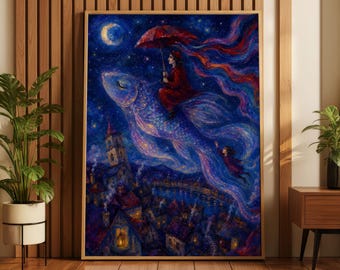 Surreal Giant Fish Wall Art, Chagall Style Dreamy Print, Red Umbrella Night Sky Decor