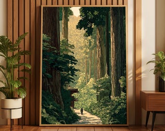 Japanese Wall Art Ukiyo-e Forest Print, Vintage Nature Poster, Zen Home Decor, Green Landscape Wall Decor, Oriental Art, Woodblock Style