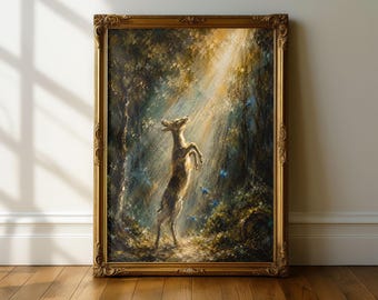 Sunlit Forest Fawn Art, Oil Painting Style Wall Decor (Giclée Print)
