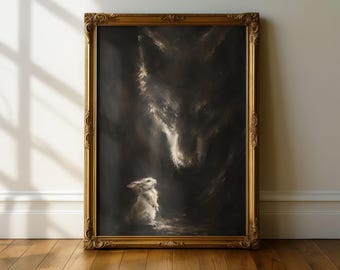 Chiaroscuro Wolf Rabbit Wall Art, Moody Dark Print, Ethereal Animal Decor (Fine Art Poster)