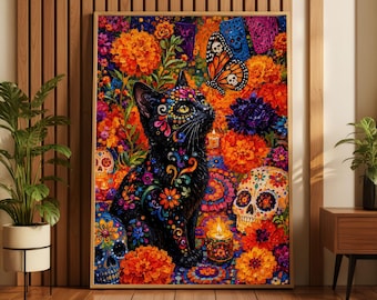Day of the Dead Sugar Skull Cat Rolled Poster | Dia de los Muertos Art