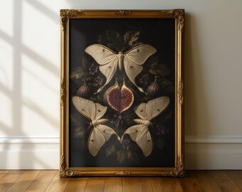 Dark Academia Botanical Print, White Moth and Fig Still Life (Fine Art Poster)