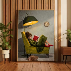May include: A framed wall art print depicting a person with curly hair sitting in a mustard yellow armchair, reading a red book under a large green floor lamp. A stack of books rests on the floor, and a world map clock hangs on the gray wall.