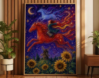 Magical Horse Wall Art, Starry Night Fantasy Poster, Van Gogh Inspired (Print)