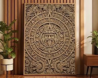 Aztec Sun Stone Wall Art, Mayan Calendar Print, Ancient Mexican Decor (Giclée Print)