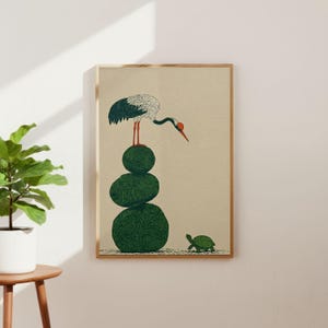 Japanese Woodblock Print Style Crane and Turtle Wall Art | Minimalist Zen Decor image 2