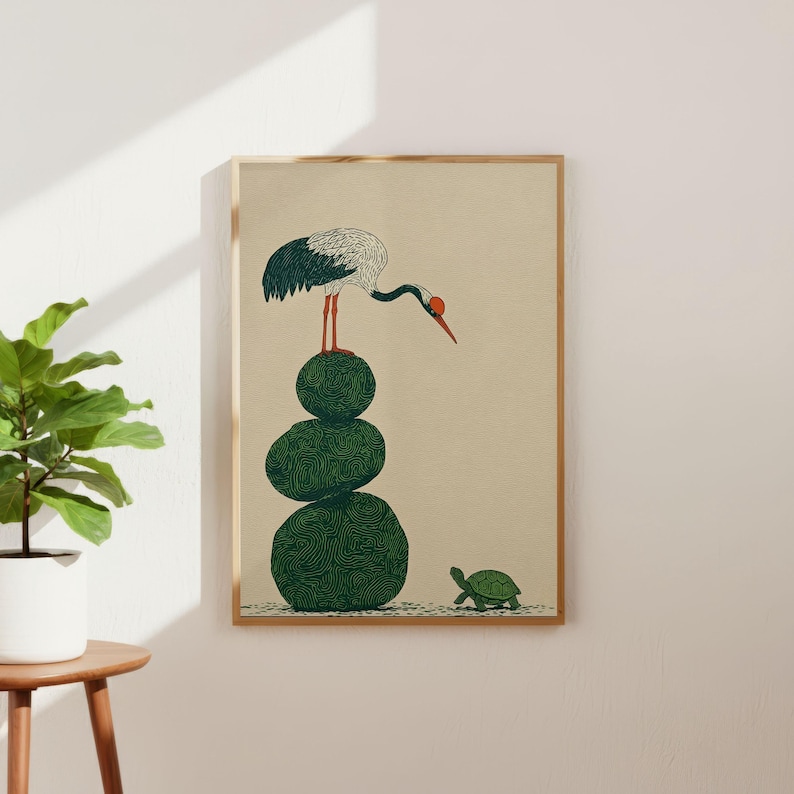 Japanese Woodblock Print Style Crane and Turtle Wall Art | Minimalist Zen Decor image 2