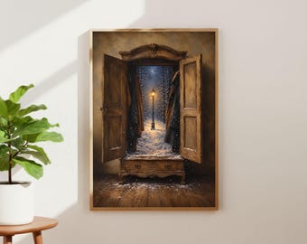 Enchanted Wardrobe Wall Print | Magical Winter Forest Painting | Vintage Fantasy Oil Print Decor | Snowy Woodland Booklovers Gift