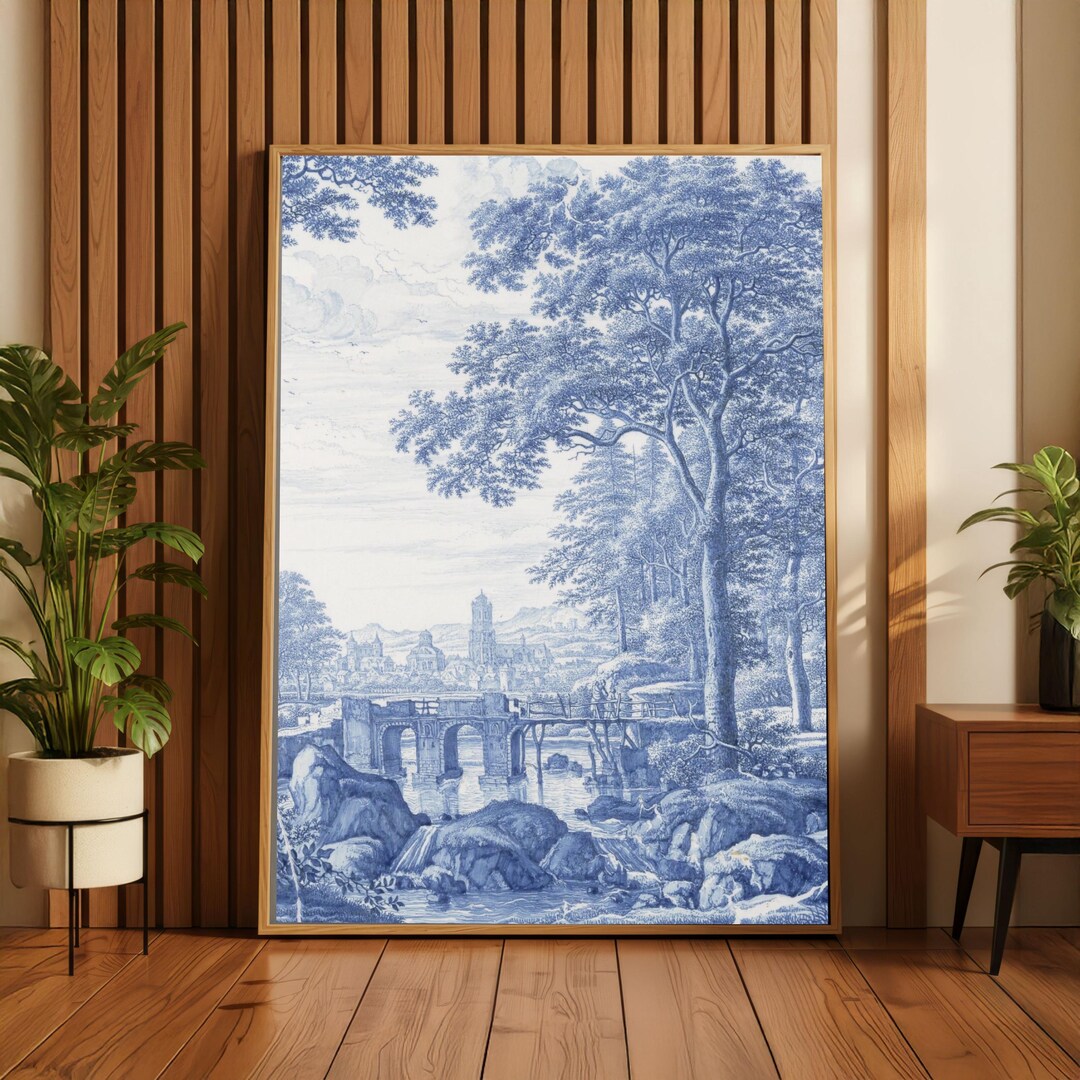 Blue Toile De Jouy Wall Art, French Country Landscape Print, Vintage ...