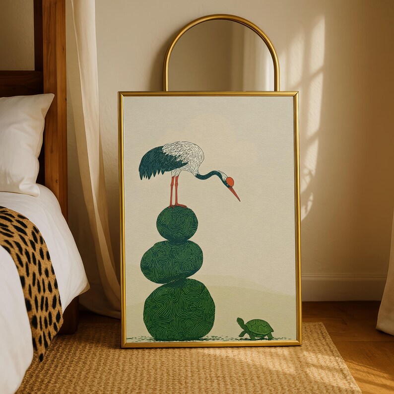 Japanese Woodblock Print Style Crane and Turtle Wall Art | Minimalist Zen Decor image 10