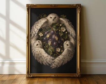 Owls Wreath with Plums Poster | Rolled Poster, Dark Botanical Print