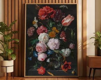 Dark Vintage Floral Oil Painting Print, Antique Dutch Still Life Canvas Poster