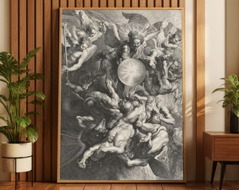 Archangel Michael Fall Rebel Angels Vintage Engraving, Renaissance Art Print, Gothic Decor