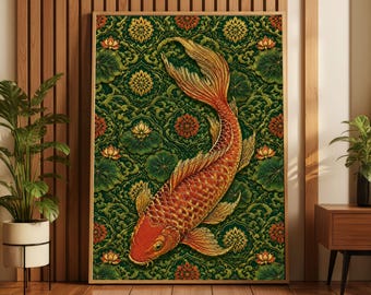 Emerald Green Koi Fish Art Print, Asian Botanical Chinoiserie Poster (Giclée)