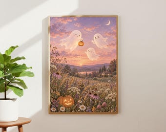 Cute Ghosts Halloween Rolled Poster | Pumpkin Sunset Field