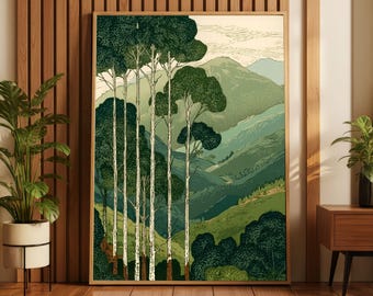 Vintage Japanese Landscape Print, Tall Trees Rolling Hills Poster, Nature Wall Art