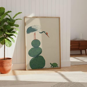 Japanese Woodblock Print Style Crane and Turtle Wall Art | Minimalist Zen Decor image 5