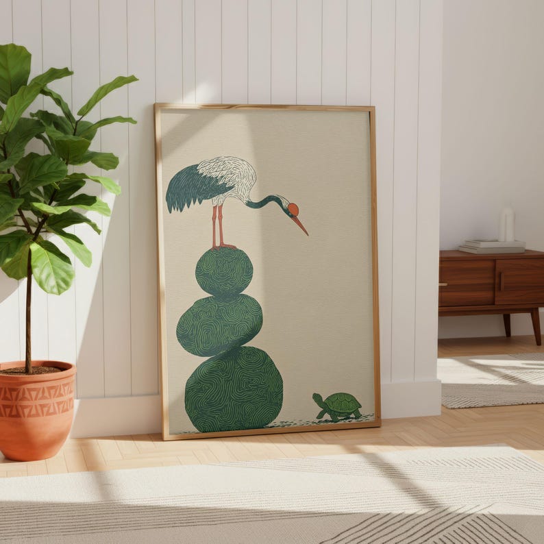 Japanese Woodblock Print Style Crane and Turtle Wall Art | Minimalist Zen Decor image 5