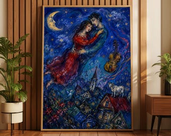Chagall Style Romantic Couple Print, Surreal Night Sky, Whimsical Village Wall Art