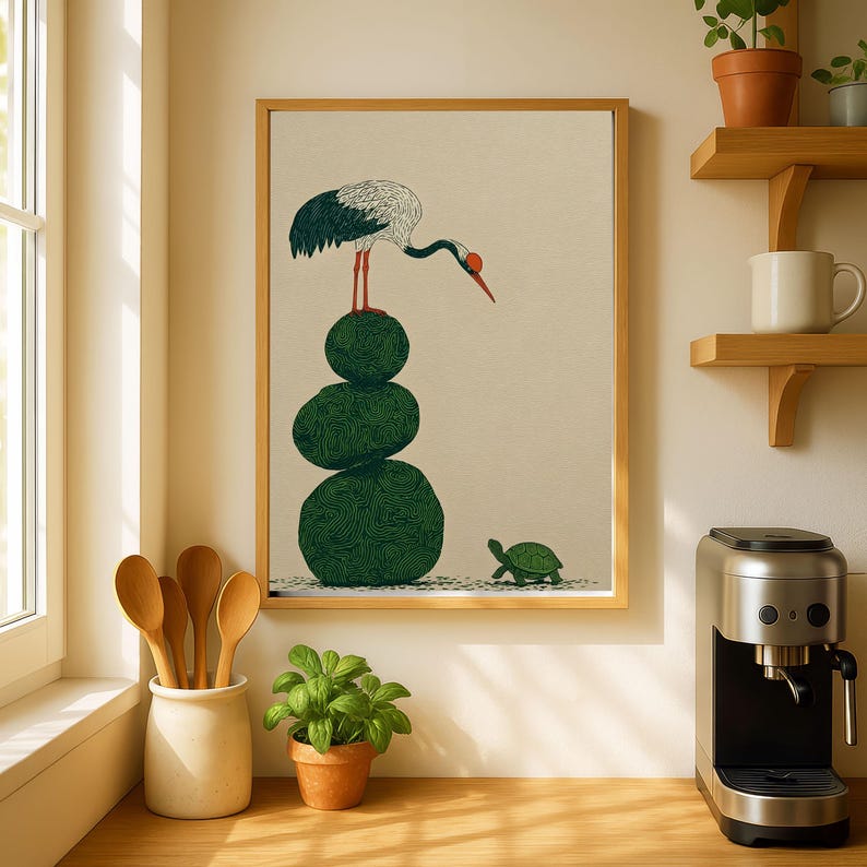 Japanese Woodblock Print Style Crane and Turtle Wall Art | Minimalist Zen Decor image 9
