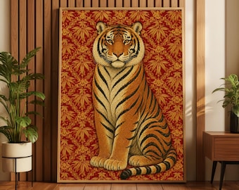 Regal Tiger Illustration Rolled Poster | Vintage Floral Background