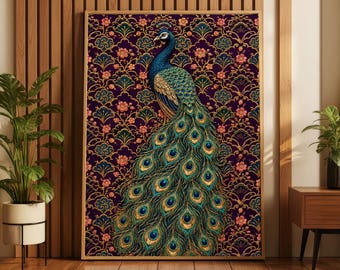 Vintage Peacock Illustration Rolled Poster | Ornate Floral Pattern, Boho Wall Art