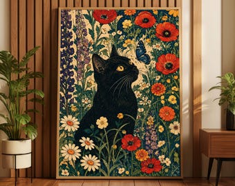 Art Nouveau Black Cat Floral Print, Vintage Butterfly Maximalist Wall Decor (Physical Print)
