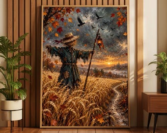 Autumn Scarecrow Wall Art | Rustic Fall Farmhouse Decor | Halloween Harvest Print | Whimsical Autumn Landscape Art | Cozy Cottage Fall Decor