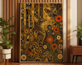 Gustav Klimt Cat Wall Art, Art Nouveau Cat Print, Gold Foil Poster, Cat Butterfly Canvas Art, Maximalist Decor, Gift for Cat Lover