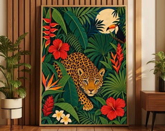 Jaguar in Tropical Jungle Rolled Poster | Leopard Print Floral Wall Art