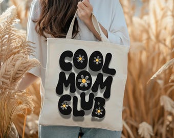 Mom Club Tote Bag, Retro Daisy Canvas Shoulder Bag, Groovy Life