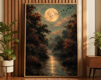 Moonlit Lake Wall Art | Moody Landscape Print | Vintage Moon Nature Decor | Sage Green Flock Of Birds Artwork | Serene Bedroom Wall Decor