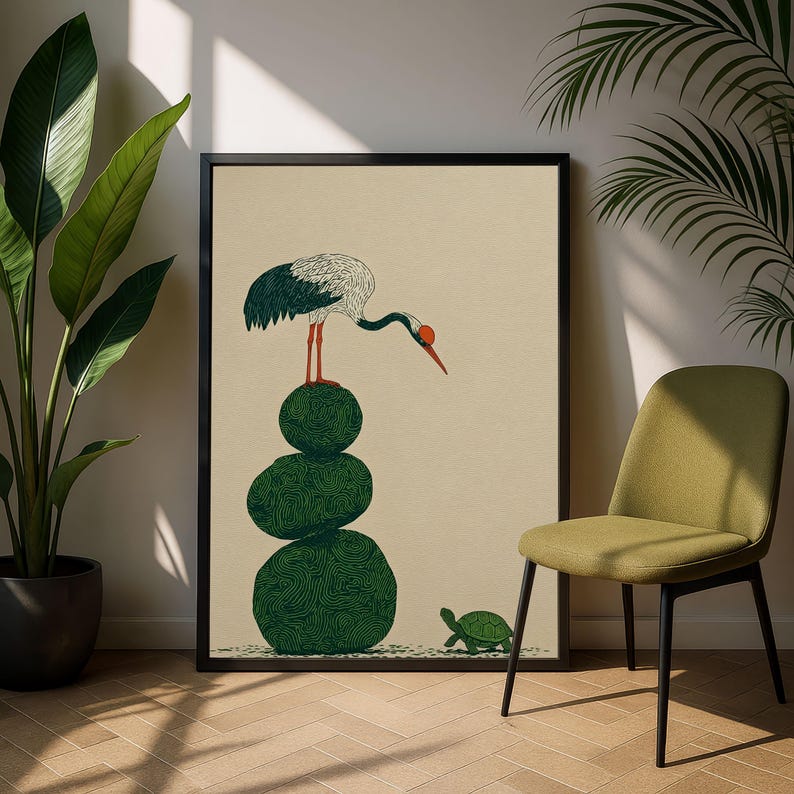 Japanese Woodblock Print Style Crane and Turtle Wall Art | Minimalist Zen Decor image 11