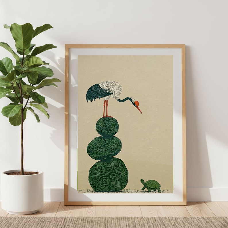Japanese Woodblock Print Style Crane and Turtle Wall Art | Minimalist Zen Decor image 4