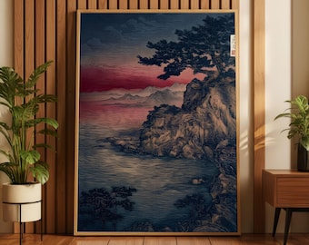 Song Dynasty Ink Landscape Print, East Asian Pine Cliff Zen Decor, Silk Texture Art