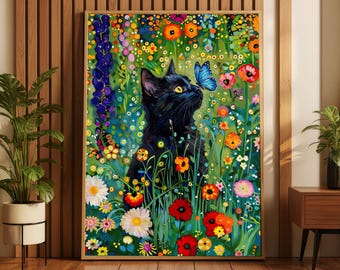 Matisse Black Cat Art Print, Vintage Floral Garden Poster, Cottagecore Wall Art