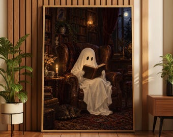 Cozy Ghost Reading Rolled Poster | Halloween Haunted Library Art