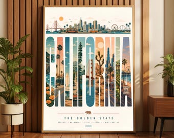 California Retro Travel Poster, Mid Century Modern Golden State Art Print