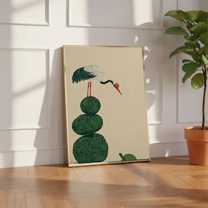 Japanese Woodblock Print Style Crane and Turtle Wall Art | Minimalist Zen Decor image 3